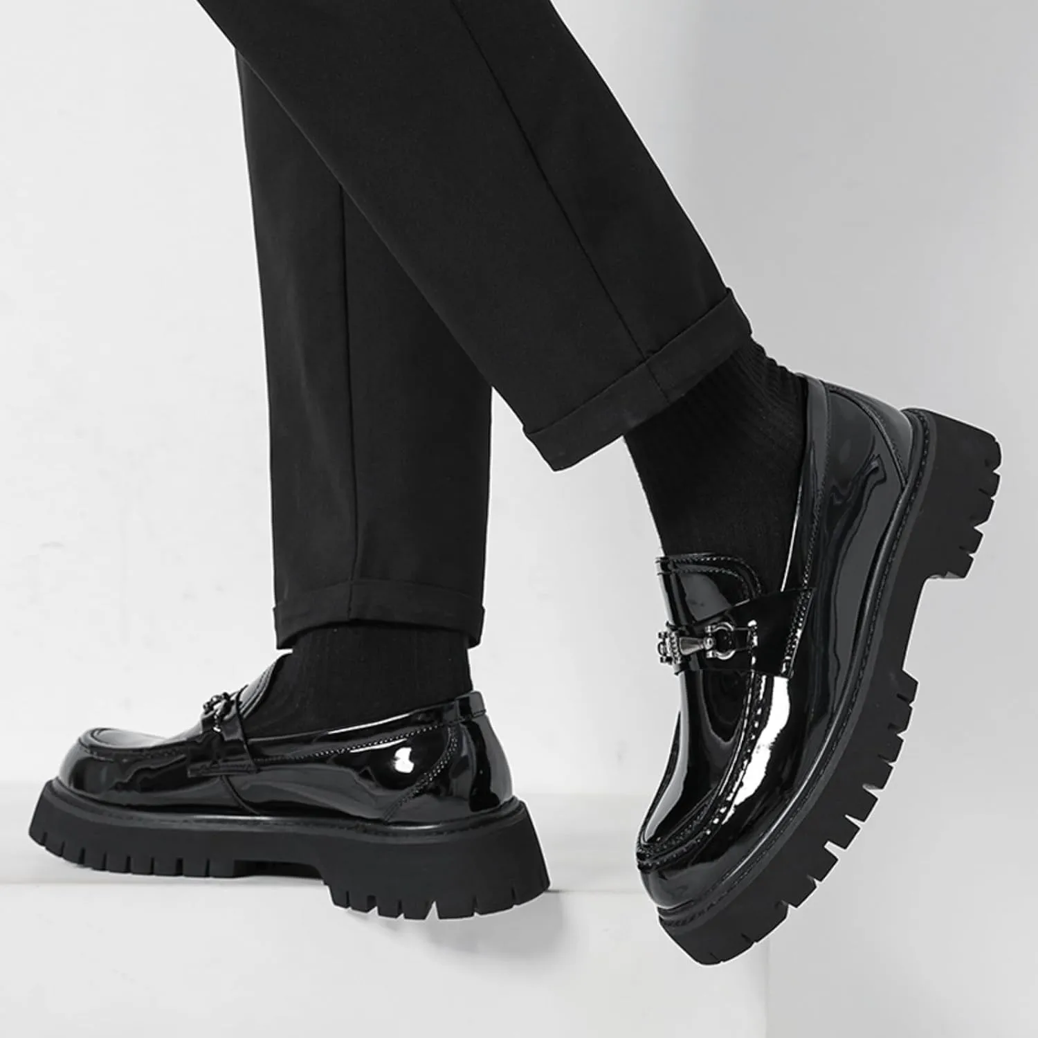 Mens Patent Leather Slip-On Platform Dress Horsebit Loafer Low Heels Round Toe Non-Slip Penny Shoes for Formal Business Wedding