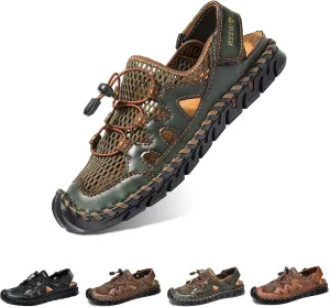 Men's Sandals, Summer Leather Fisherman Beach Shoes Closed Toe Sandals for Men Handmade Breathable Water Sandals Outdoor Non Slip Walking Shoes Anti Collision Comfort Hiking Athletic Slides Sandals