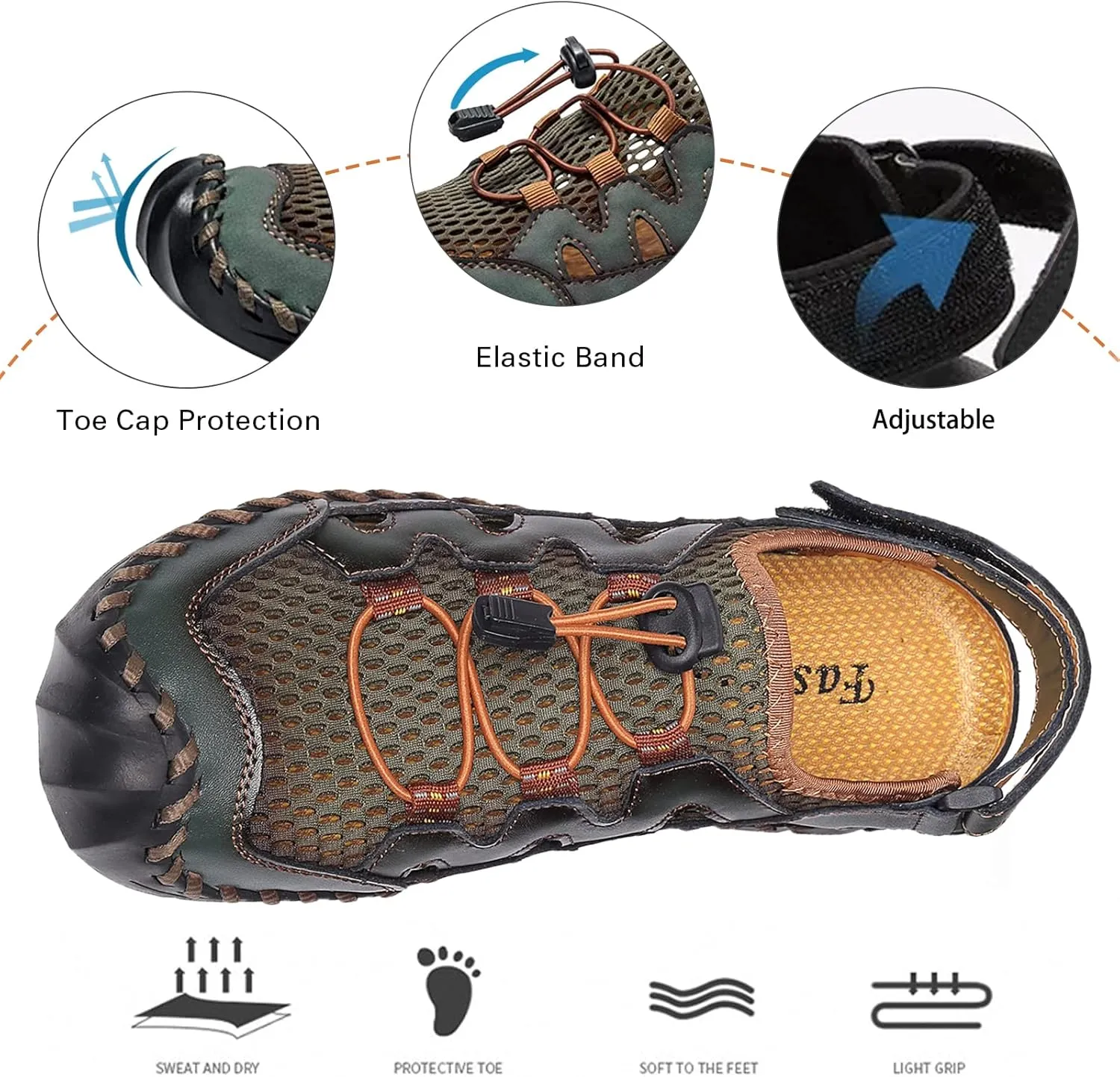 Men's Sandals, Summer Leather Fisherman Beach Shoes Closed Toe Sandals for Men Handmade Breathable Water Sandals Outdoor Non Slip Walking Shoes Anti Collision Comfort Hiking Athletic Slides Sandals
