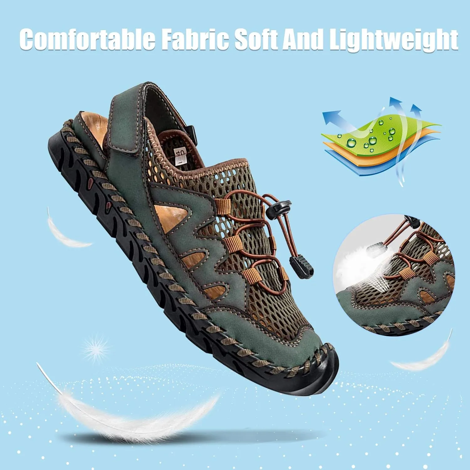 Men's Sandals, Summer Leather Fisherman Beach Shoes Closed Toe Sandals for Men Handmade Breathable Water Sandals Outdoor Non Slip Walking Shoes Anti Collision Comfort Hiking Athletic Slides Sandals
