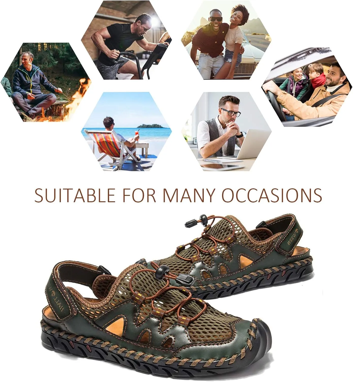 Men's Sandals, Summer Leather Fisherman Beach Shoes Closed Toe Sandals for Men Handmade Breathable Water Sandals Outdoor Non Slip Walking Shoes Anti Collision Comfort Hiking Athletic Slides Sandals