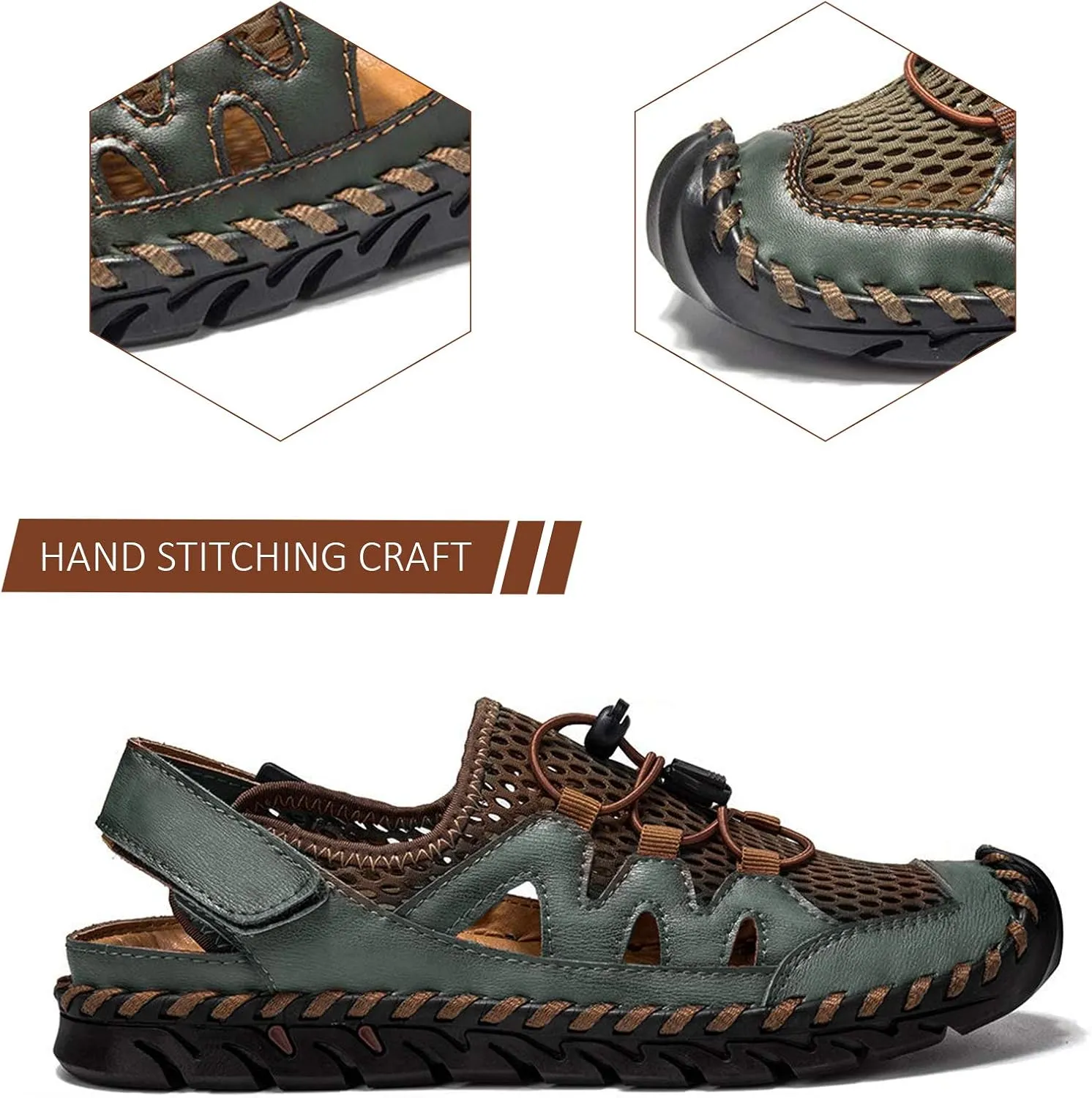Men's Sandals, Summer Leather Fisherman Beach Shoes Closed Toe Sandals for Men Handmade Breathable Water Sandals Outdoor Non Slip Walking Shoes Anti Collision Comfort Hiking Athletic Slides Sandals