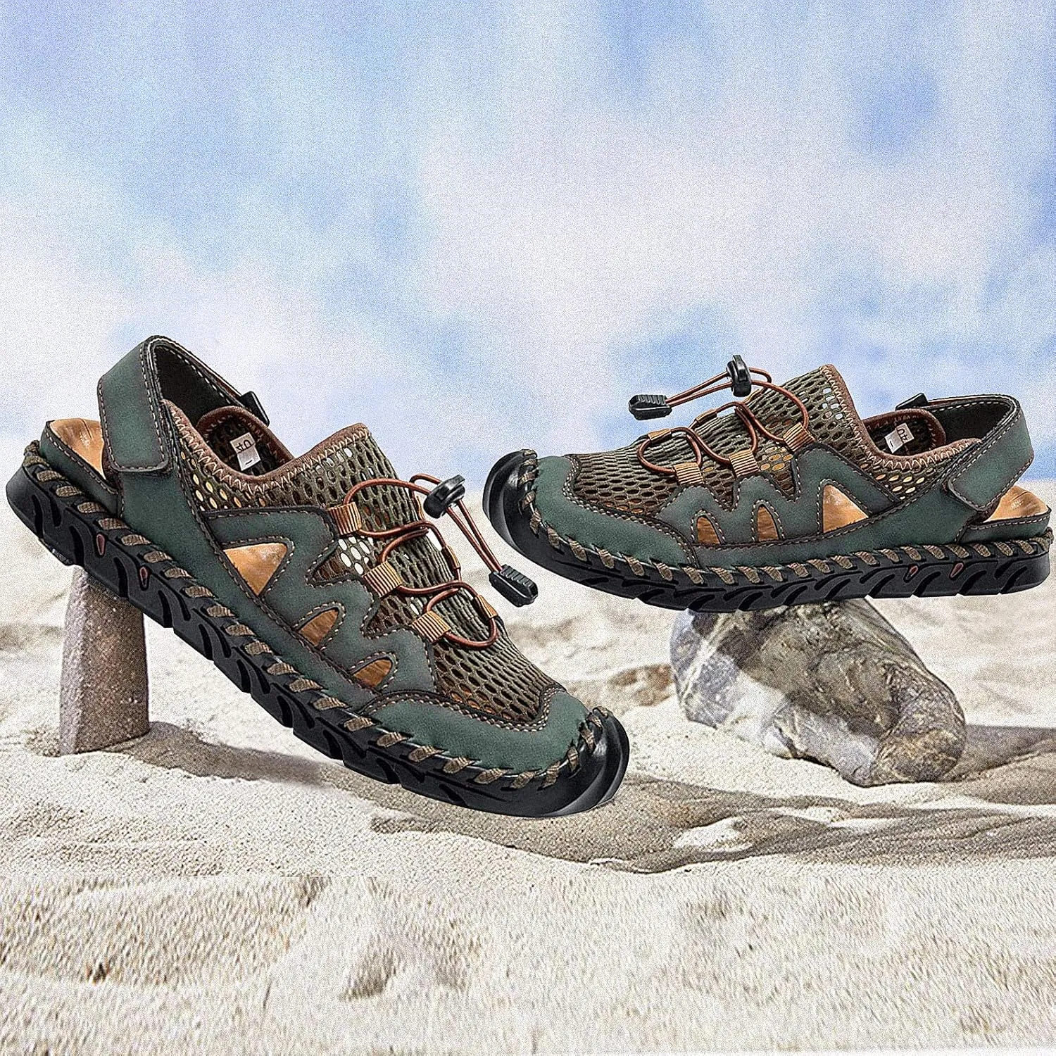 Men's Sandals, Summer Leather Fisherman Beach Shoes Closed Toe Sandals for Men Handmade Breathable Water Sandals Outdoor Non Slip Walking Shoes Anti Collision Comfort Hiking Athletic Slides Sandals