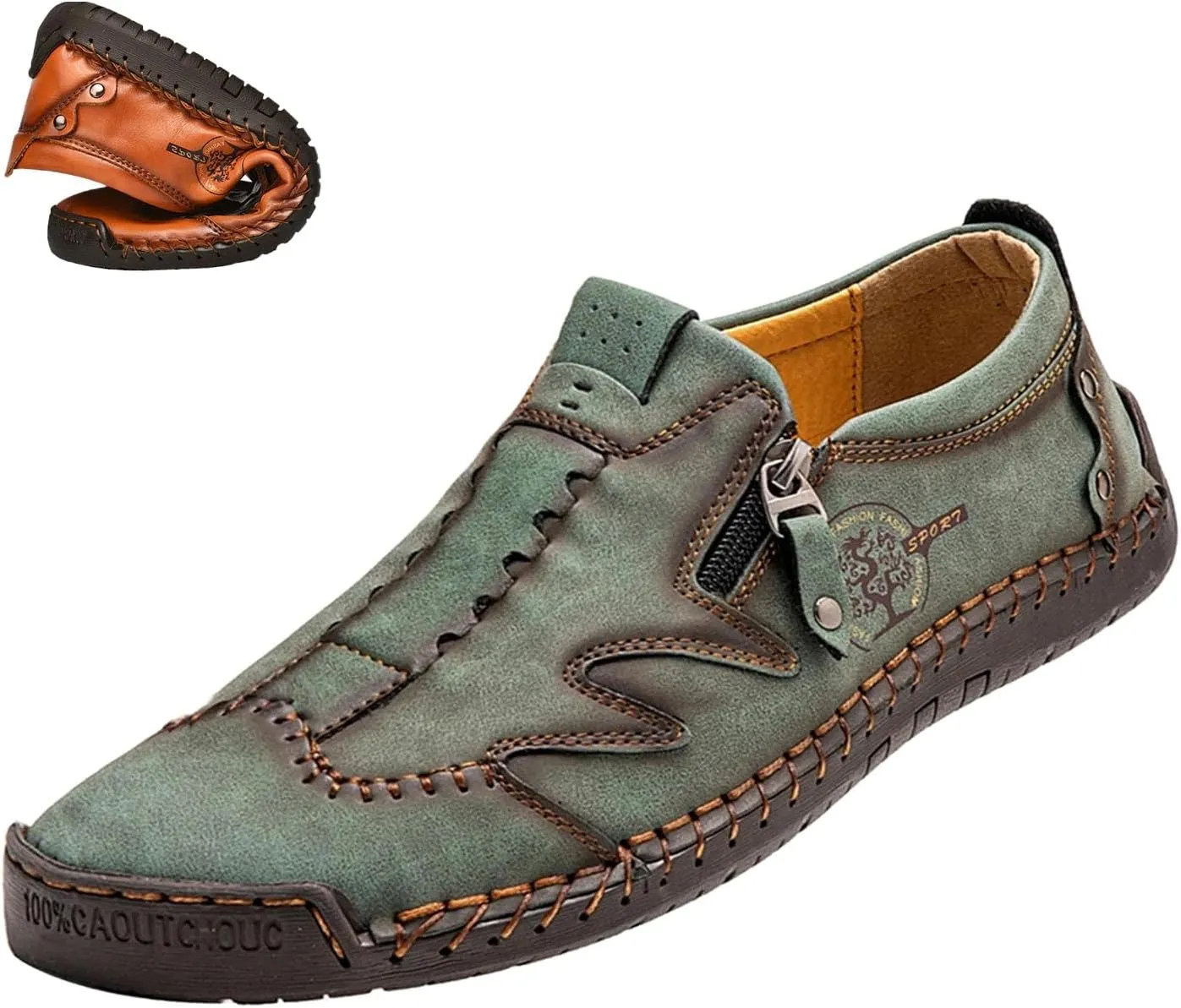 Men's Slip On Loafers Leather Casual Shoes,Lightweight Comfy Vintage Hand-Stitching Zip Driving Walking Sneakers