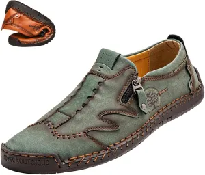 Men's Slip On Loafers Leather Casual Shoes,Lightweight Comfy Vintage Hand-Stitching Zip Driving Walking Sneakers