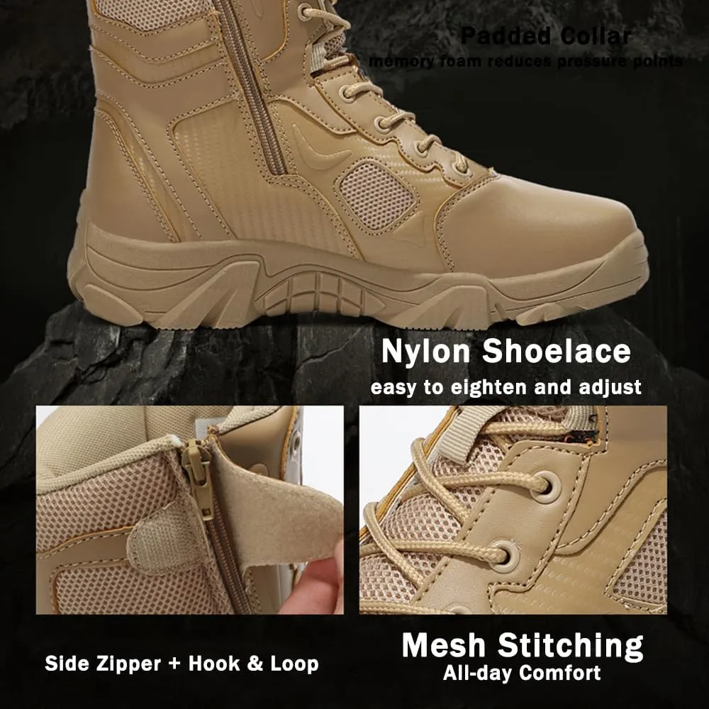 Men's Tactical Ankle Boots: Side Zipper Military Work Boots, Hook & Loop Closure