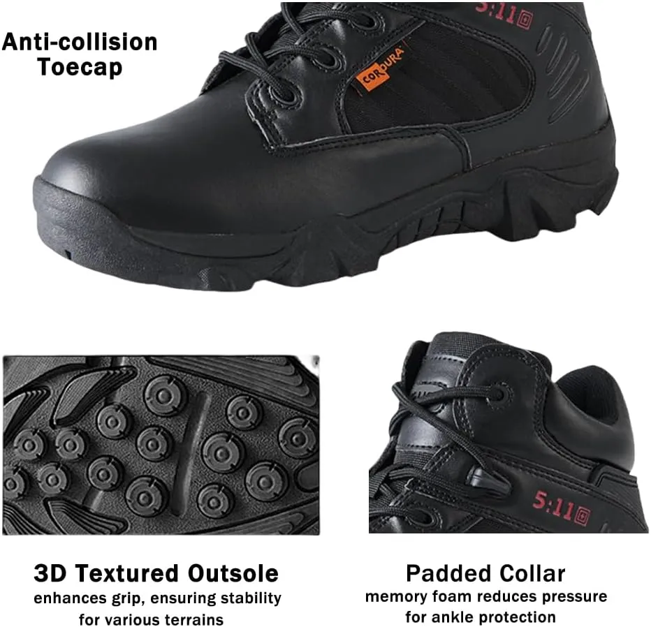 Men's Tactical Ankle Boots: Side Zipper Military Work Boots, Hook & Loop Closure