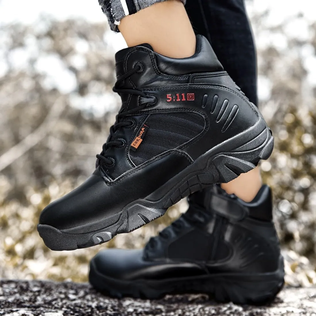 Men's Tactical Ankle Boots: Side Zipper Military Work Boots, Hook & Loop Closure