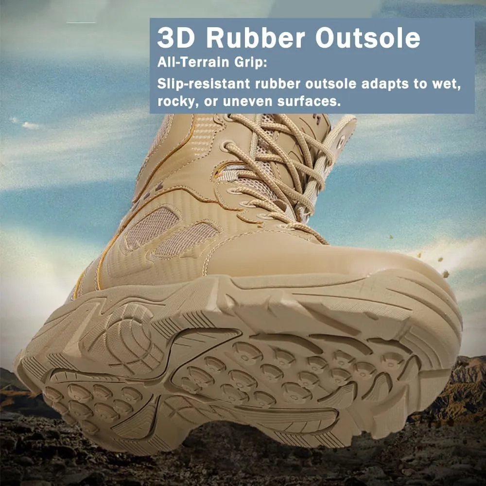 Men's Tactical Ankle Boots: Side Zipper Military Work Boots, Hook & Loop Closure