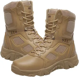 Men's Tactical Ankle Boots: Side Zipper Military Work Boots, Hook & Loop Closure