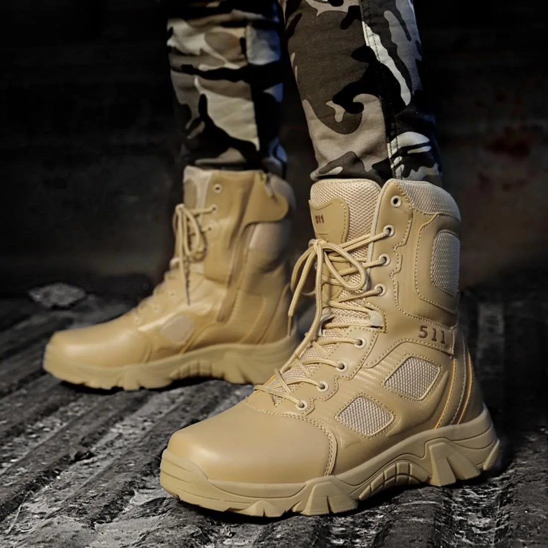Men's Tactical Ankle Boots: Side Zipper Military Work Boots, Hook & Loop Closure