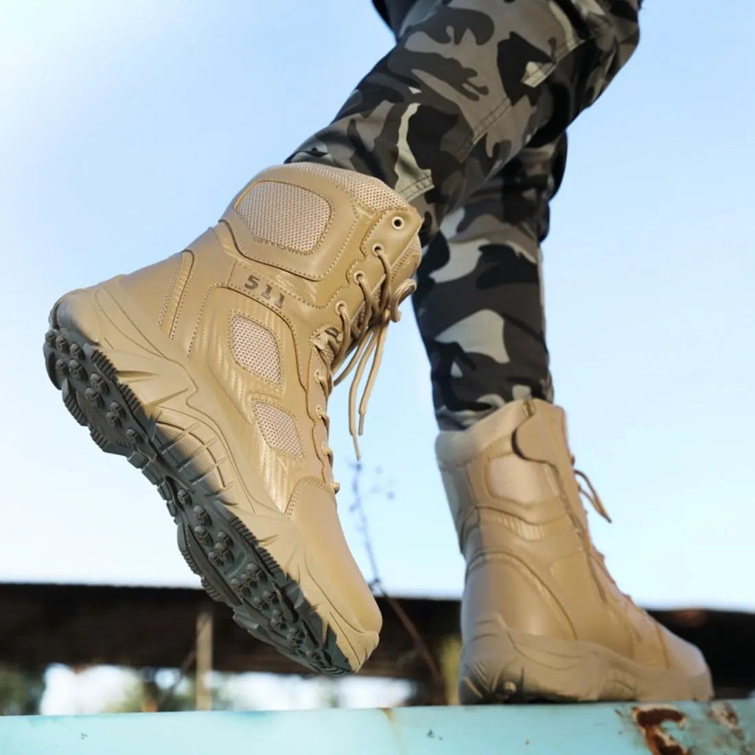 Men's Tactical Ankle Boots: Side Zipper Military Work Boots, Hook & Loop Closure