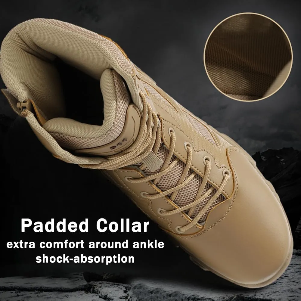 Men's Tactical Ankle Boots: Side Zipper Military Work Boots, Hook & Loop Closure
