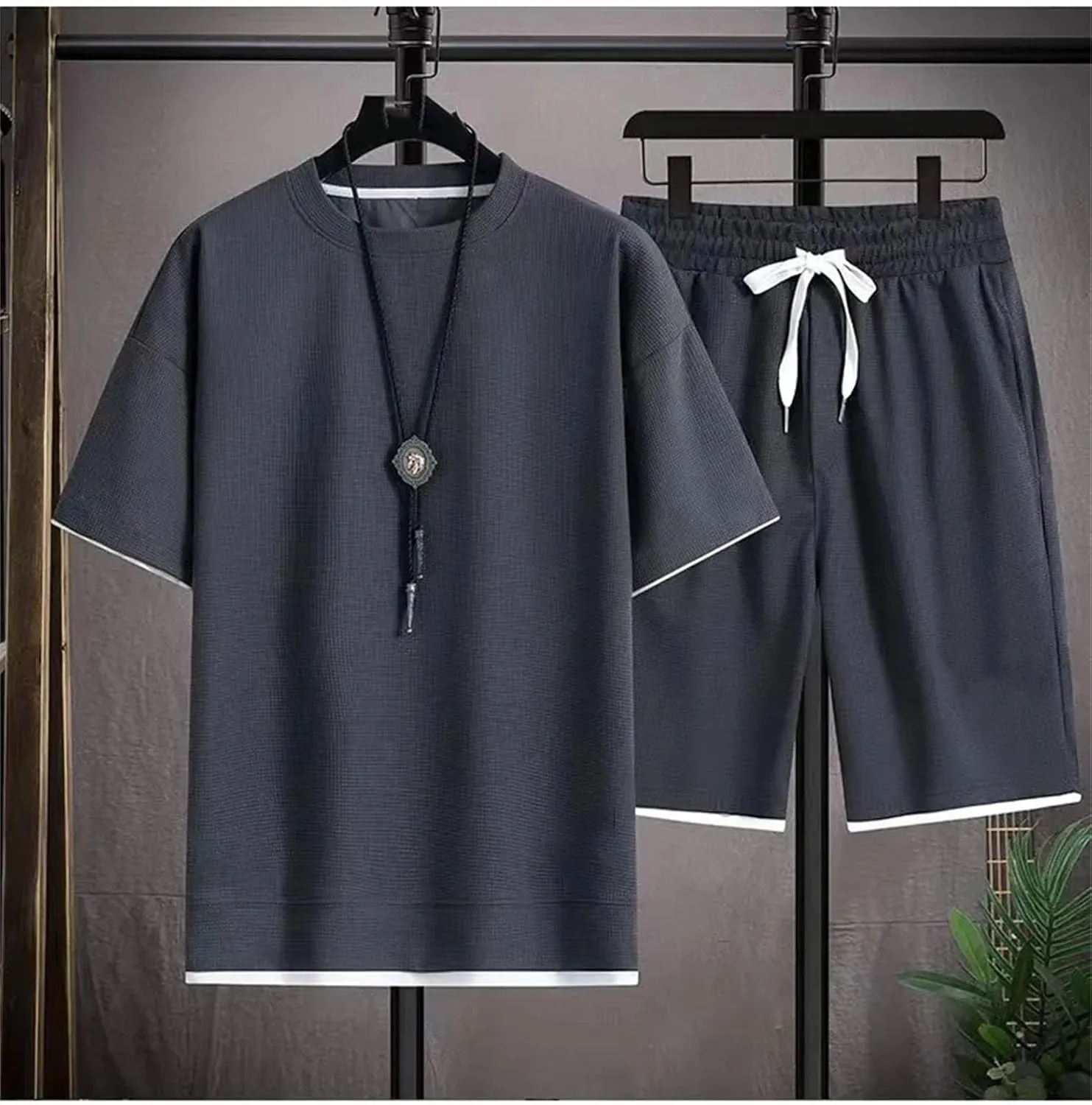 Men's Waffle Sportswear Set, Cool Oversized Short Sleeve & Shorts