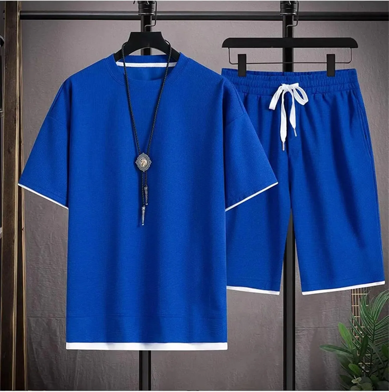 Men's Waffle Sportswear Set, Cool Oversized Short Sleeve & Shorts