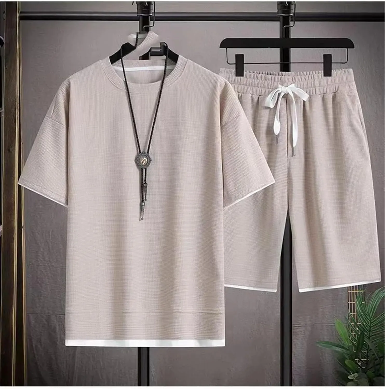 Men's Waffle Sportswear Set, Cool Oversized Short Sleeve & Shorts