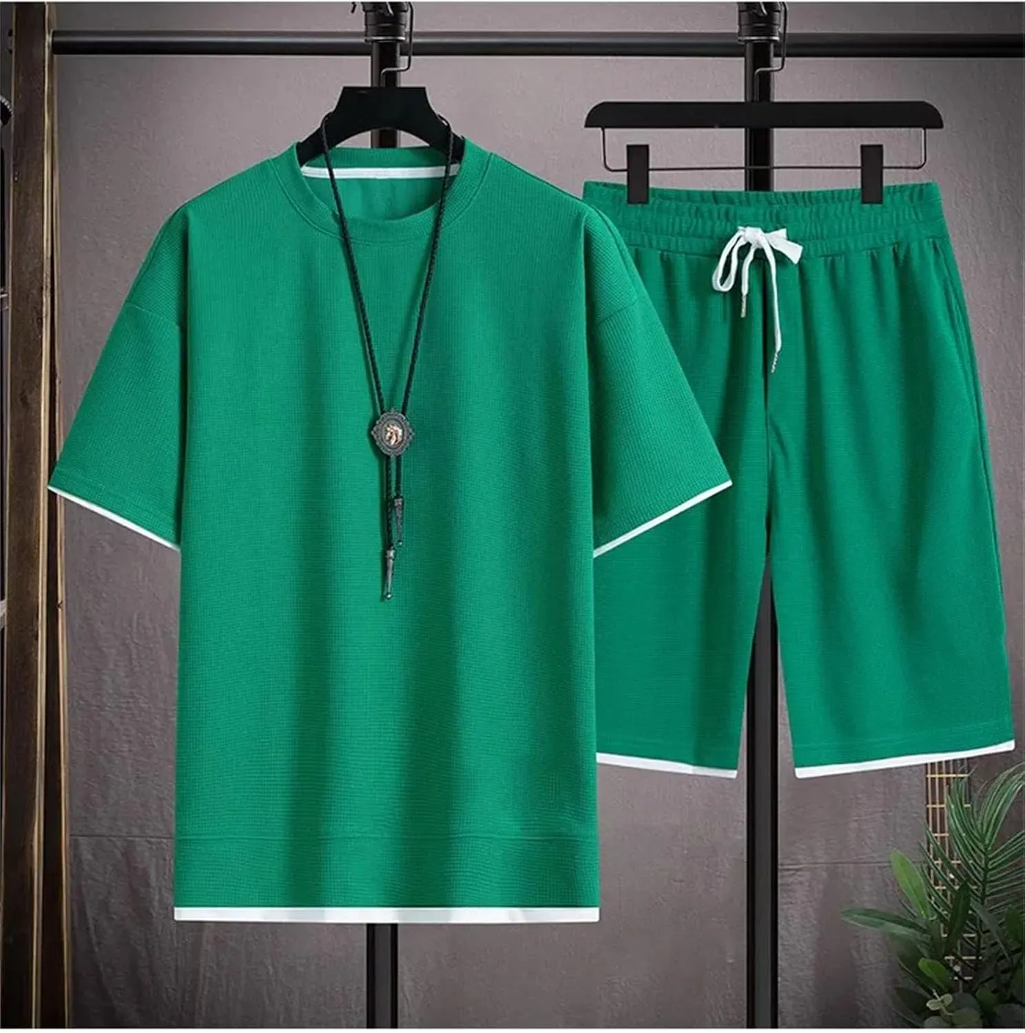 Men's Waffle Sportswear Set, Cool Oversized Short Sleeve & Shorts