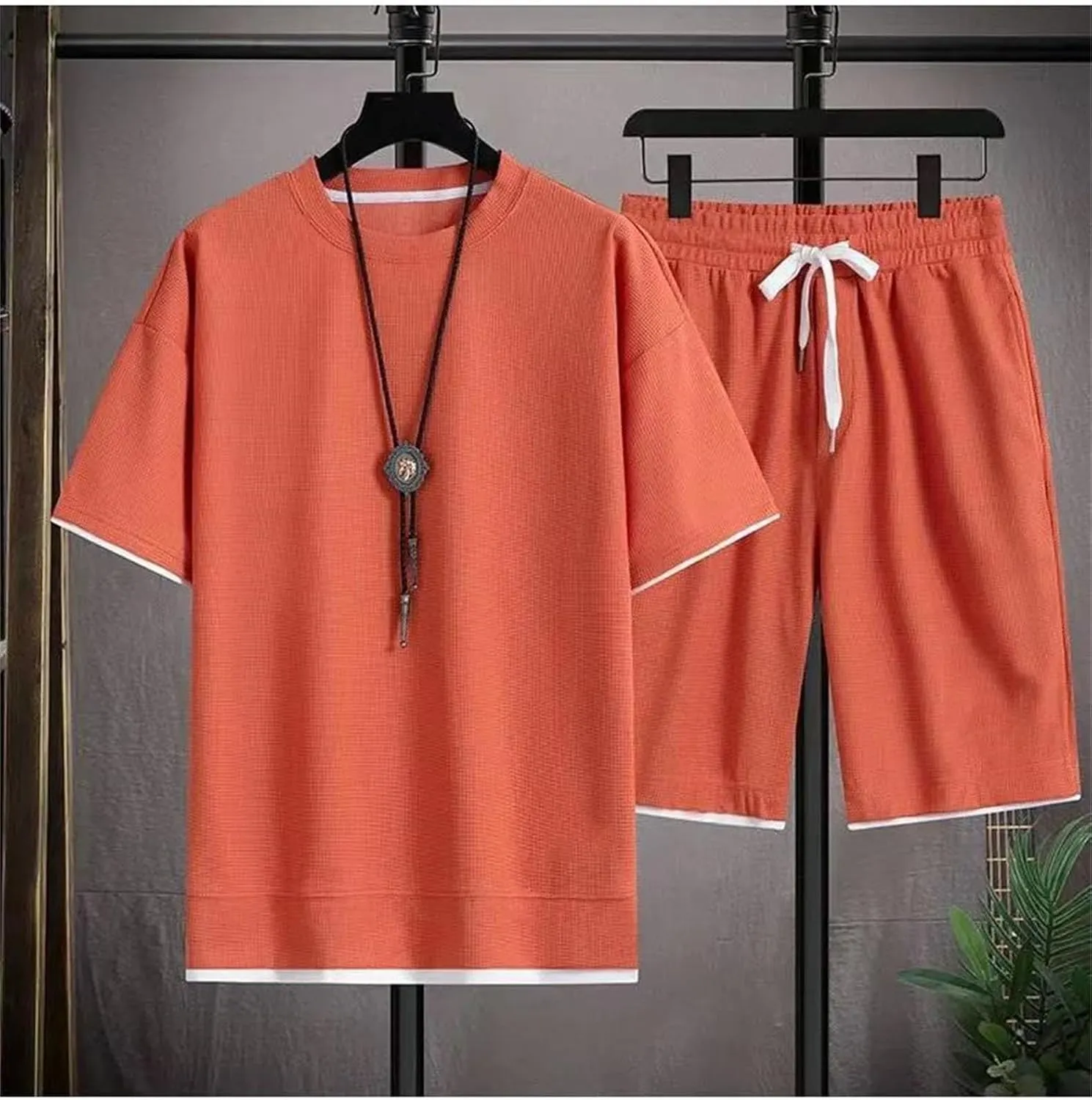 Men's Waffle Sportswear Set, Cool Oversized Short Sleeve & Shorts