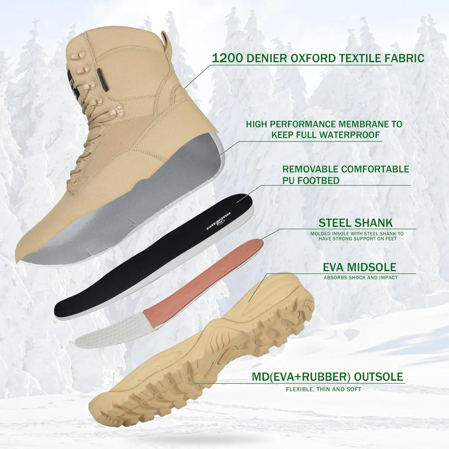 Men's Waterproof Military Tactical Boots Lightweight Work Boot Insulated Hunting Boots, 8 Inches Lace-up Outdoor Boots, 400g Thinsulate