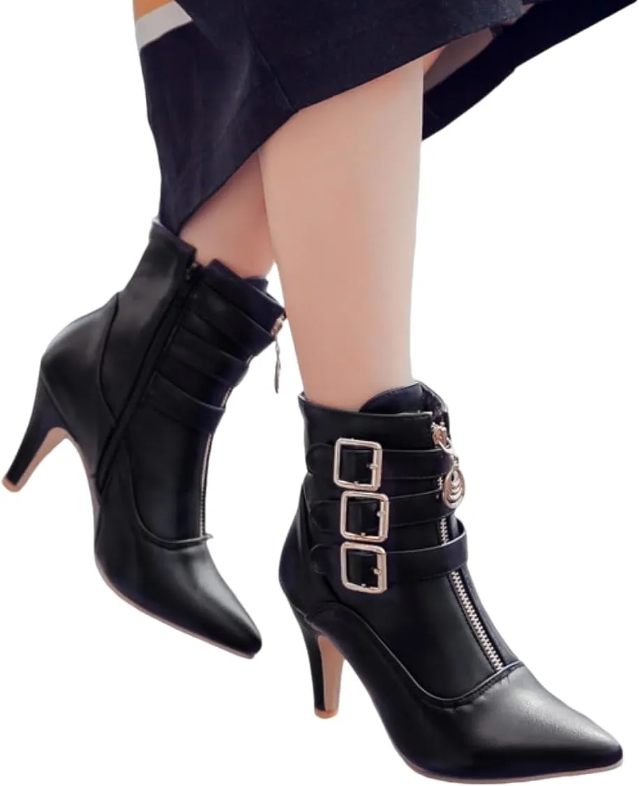 MEOTINA Gold High Heels for Women Kitten Heel Pointed Toe Short Womens Booties Buckle High Heeled Ankle Metallic Shoes