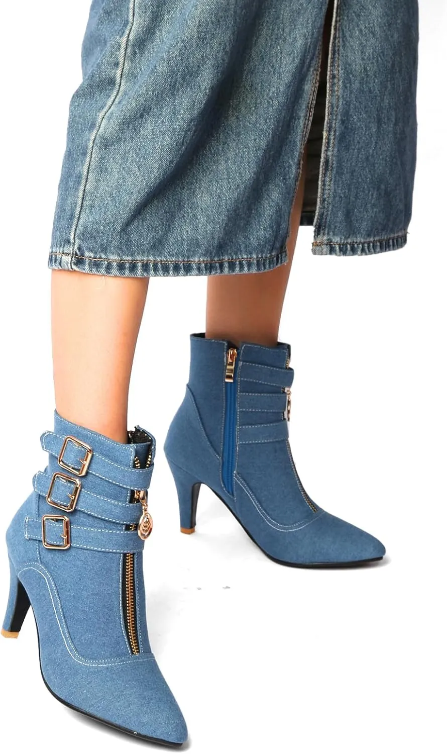 MEOTINA Gold High Heels for Women Kitten Heel Pointed Toe Short Womens Booties Buckle High Heeled Ankle Metallic Shoes