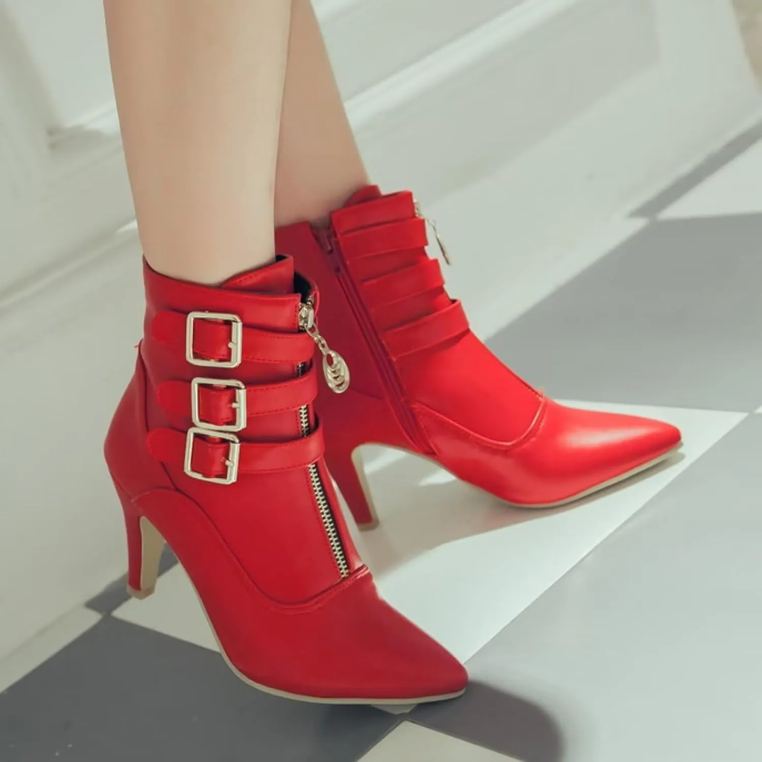 MEOTINA Gold High Heels for Women Kitten Heel Pointed Toe Short Womens Booties Buckle High Heeled Ankle Metallic Shoes