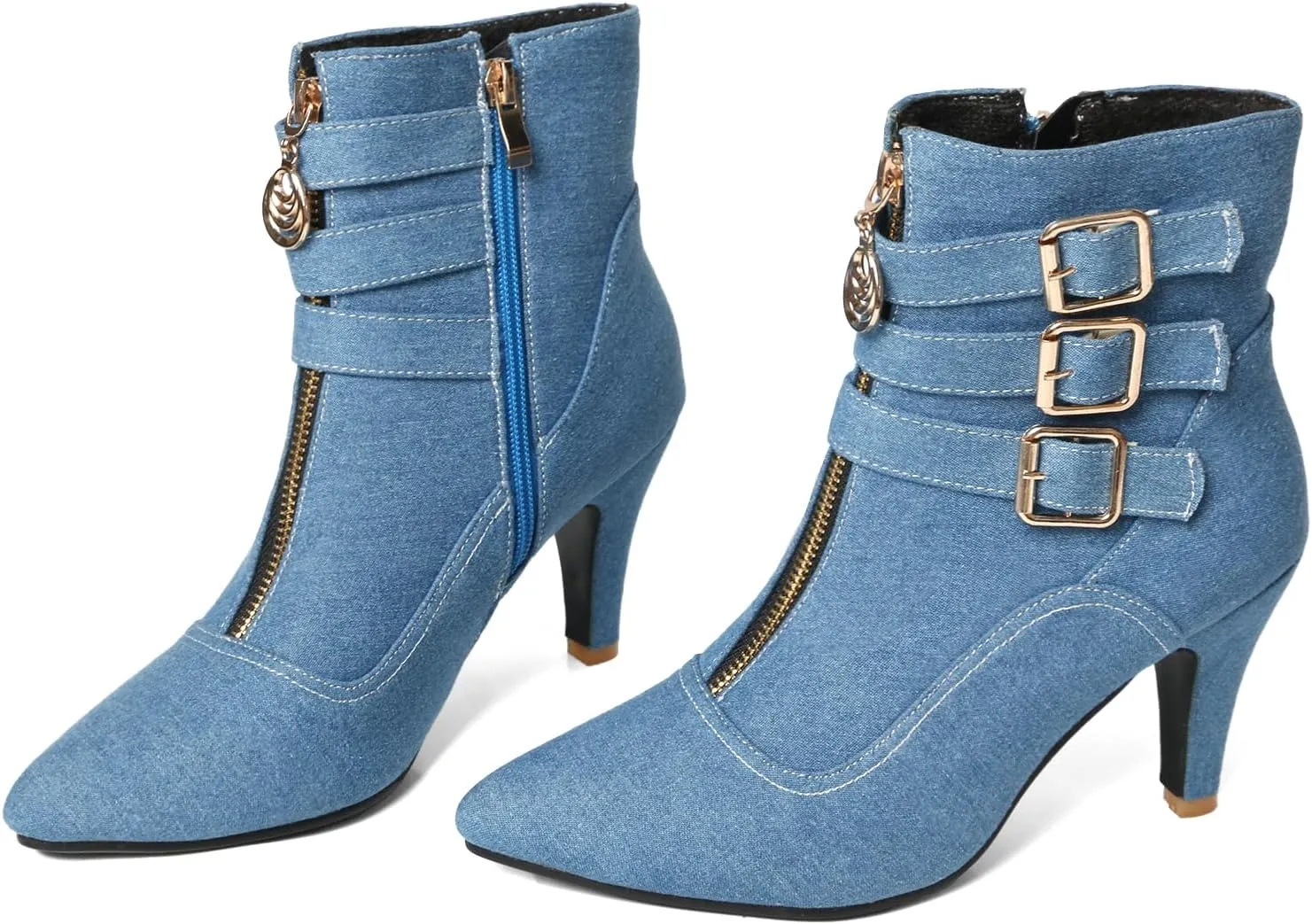 MEOTINA Gold High Heels for Women Kitten Heel Pointed Toe Short Womens Booties Buckle High Heeled Ankle Metallic Shoes