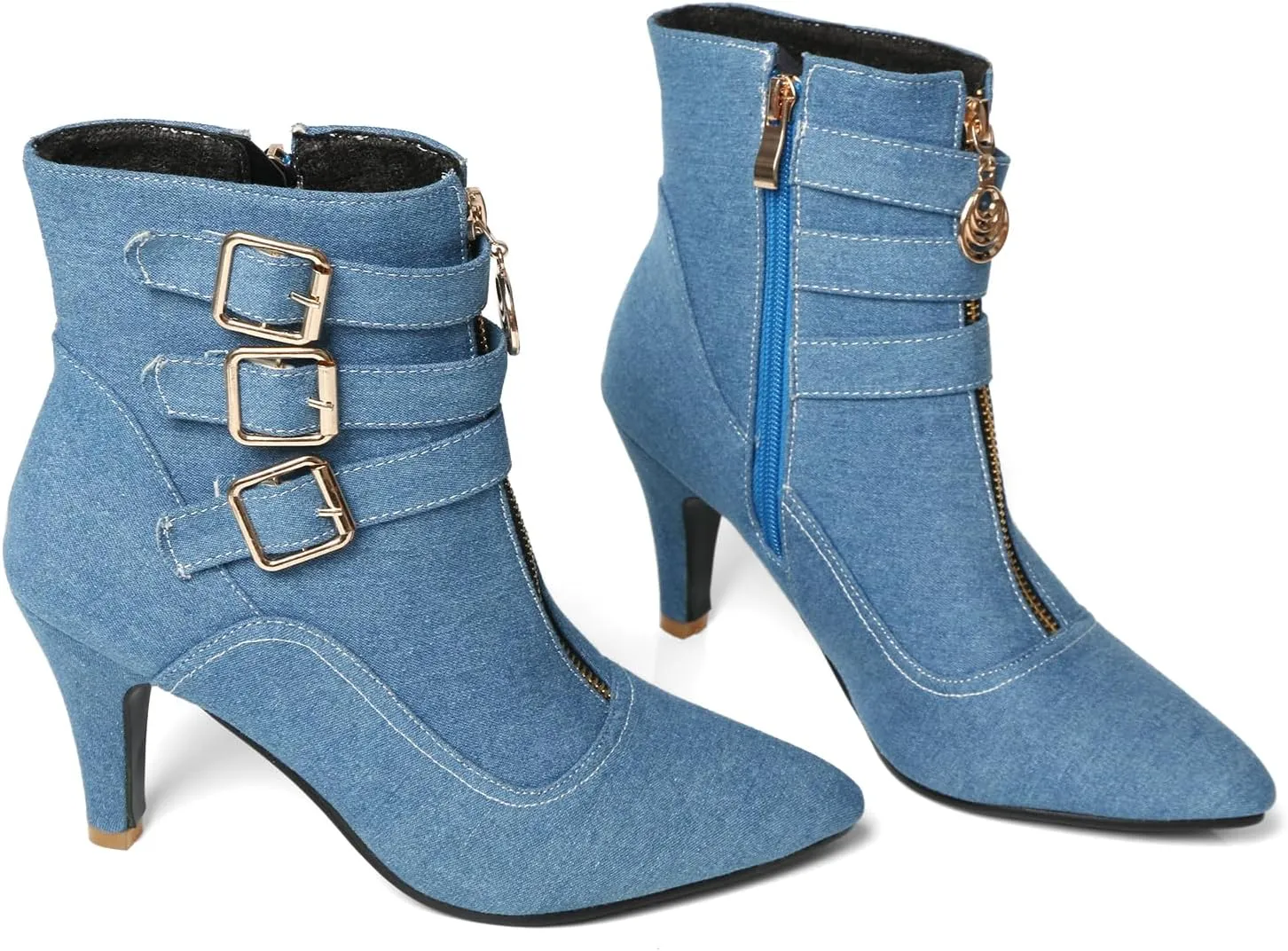 MEOTINA Gold High Heels for Women Kitten Heel Pointed Toe Short Womens Booties Buckle High Heeled Ankle Metallic Shoes