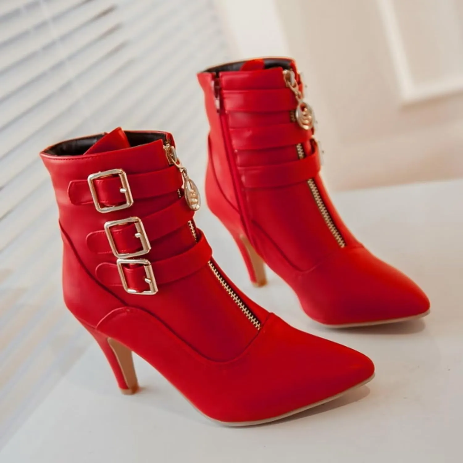 MEOTINA Gold High Heels for Women Kitten Heel Pointed Toe Short Womens Booties Buckle High Heeled Ankle Metallic Shoes