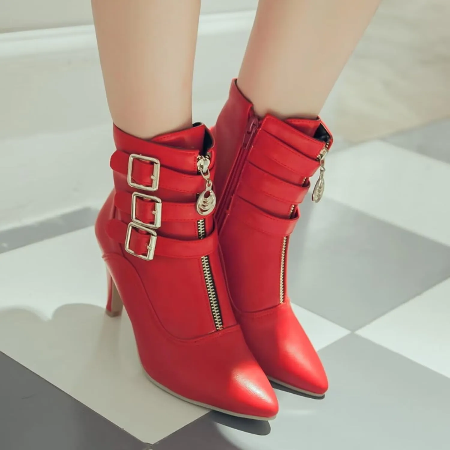 MEOTINA Gold High Heels for Women Kitten Heel Pointed Toe Short Womens Booties Buckle High Heeled Ankle Metallic Shoes