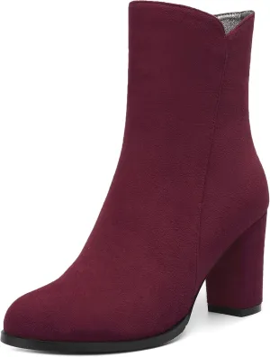 MERRORI Womens Round Toe Office Suede Zip Booties Work Casual Chunky High Heel Zip High Boots 3.3 Inch