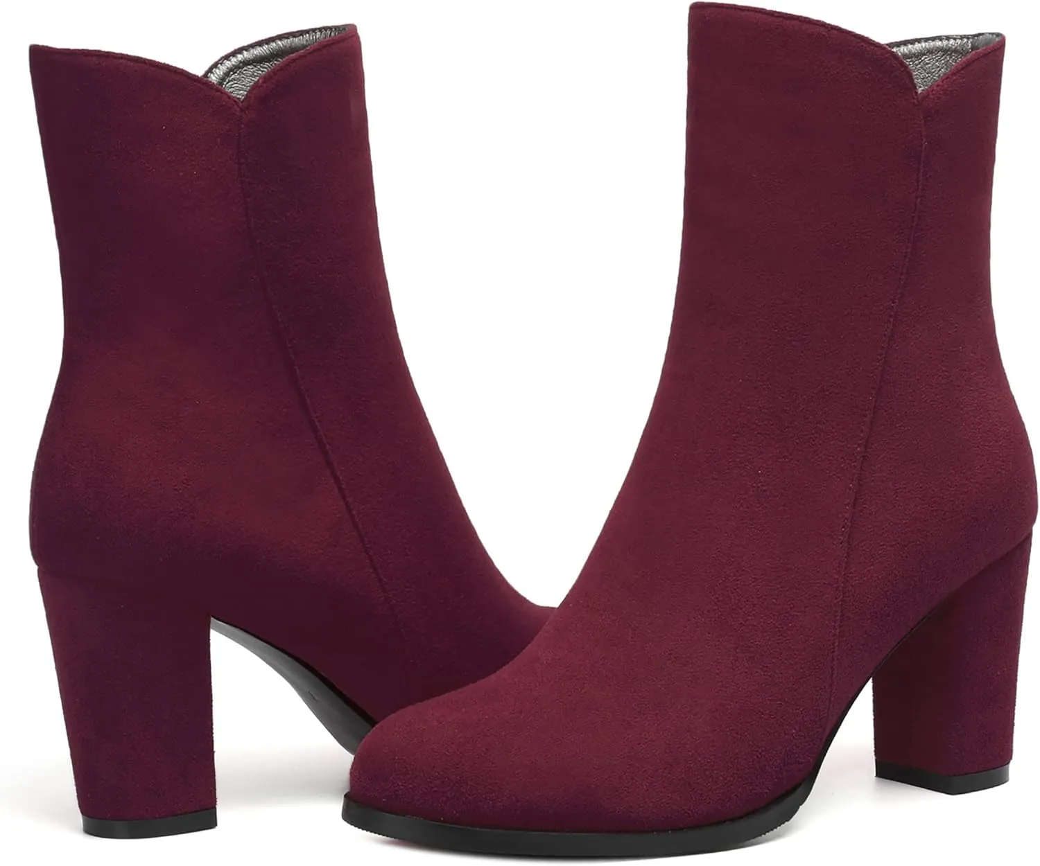 MERRORI Womens Round Toe Office Suede Zip Booties Work Casual Chunky High Heel Zip High Boots 3.3 Inch