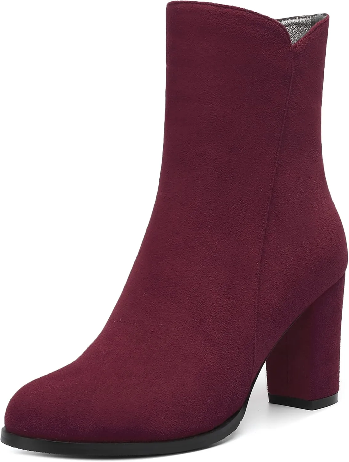 MERRORI Womens Round Toe Office Suede Zip Booties Work Casual Chunky High Heel Zip High Boots 3.3 Inch