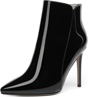 MERRORI Womens Zip Pointed Toe Solid Casual Dating Patent Stiletto High Heel Ankle High Boots 4 Inch