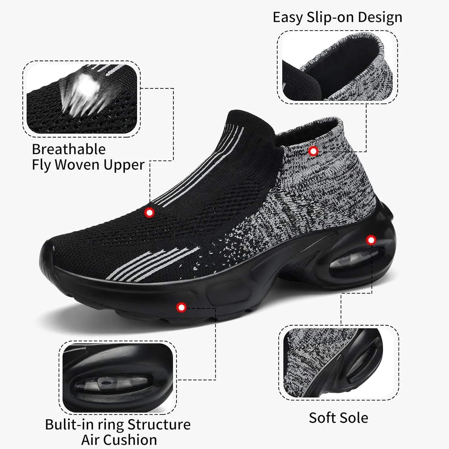 Mesh Sneakers for Women - Non Slip, Slip On, Sock Sneakers - Light Weight, Air Cushion Running, Work Shoes
