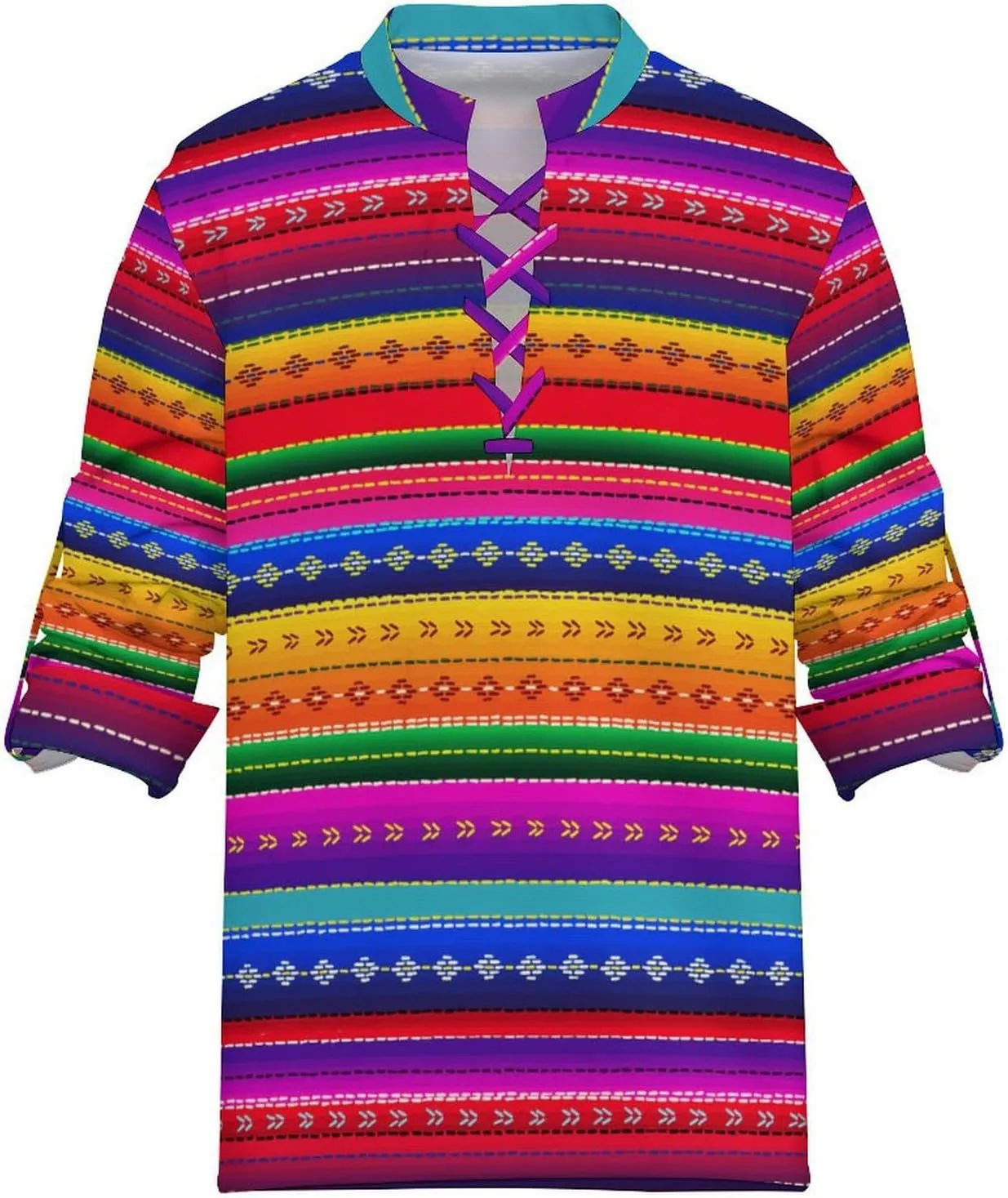 Mexican Stripes Shirt Womens Casual Long Sleeve Dress Shirt Rope Weaving Clothings V-Neck Fit Shirts Blouse