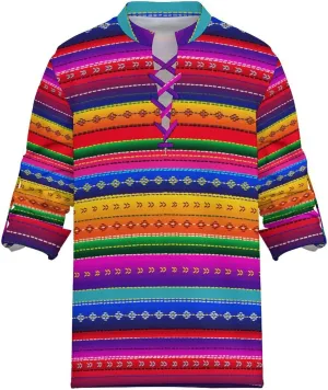 Mexican Stripes Shirt Womens Casual Long Sleeve Dress Shirt Rope Weaving Clothings V-Neck Fit Shirts Blouse