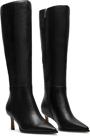 MICIFA Burgundy Kitten Heel Knee High Boots for Women Side Zipper Tall Leather Boots Pointed Toe Fall Dress Boots