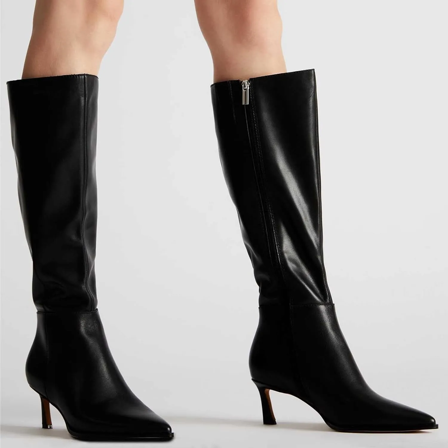 MICIFA Burgundy Kitten Heel Knee High Boots for Women Side Zipper Tall Leather Boots Pointed Toe Fall Dress Boots