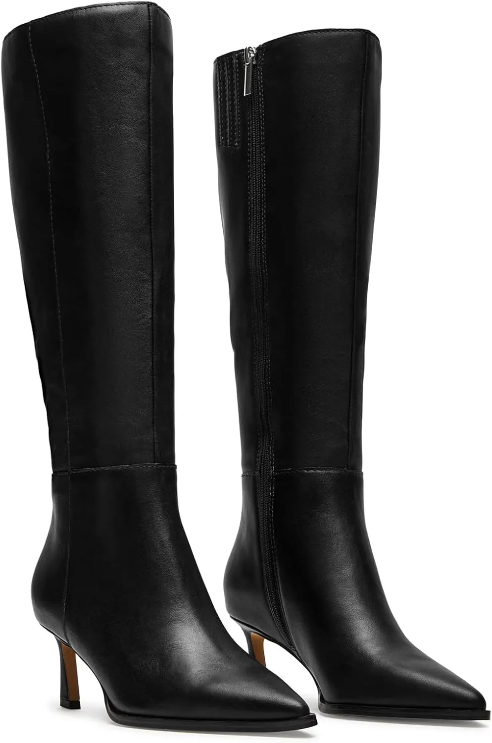 MICIFA Burgundy Kitten Heel Knee High Boots for Women Side Zipper Tall Leather Boots Pointed Toe Fall Dress Boots