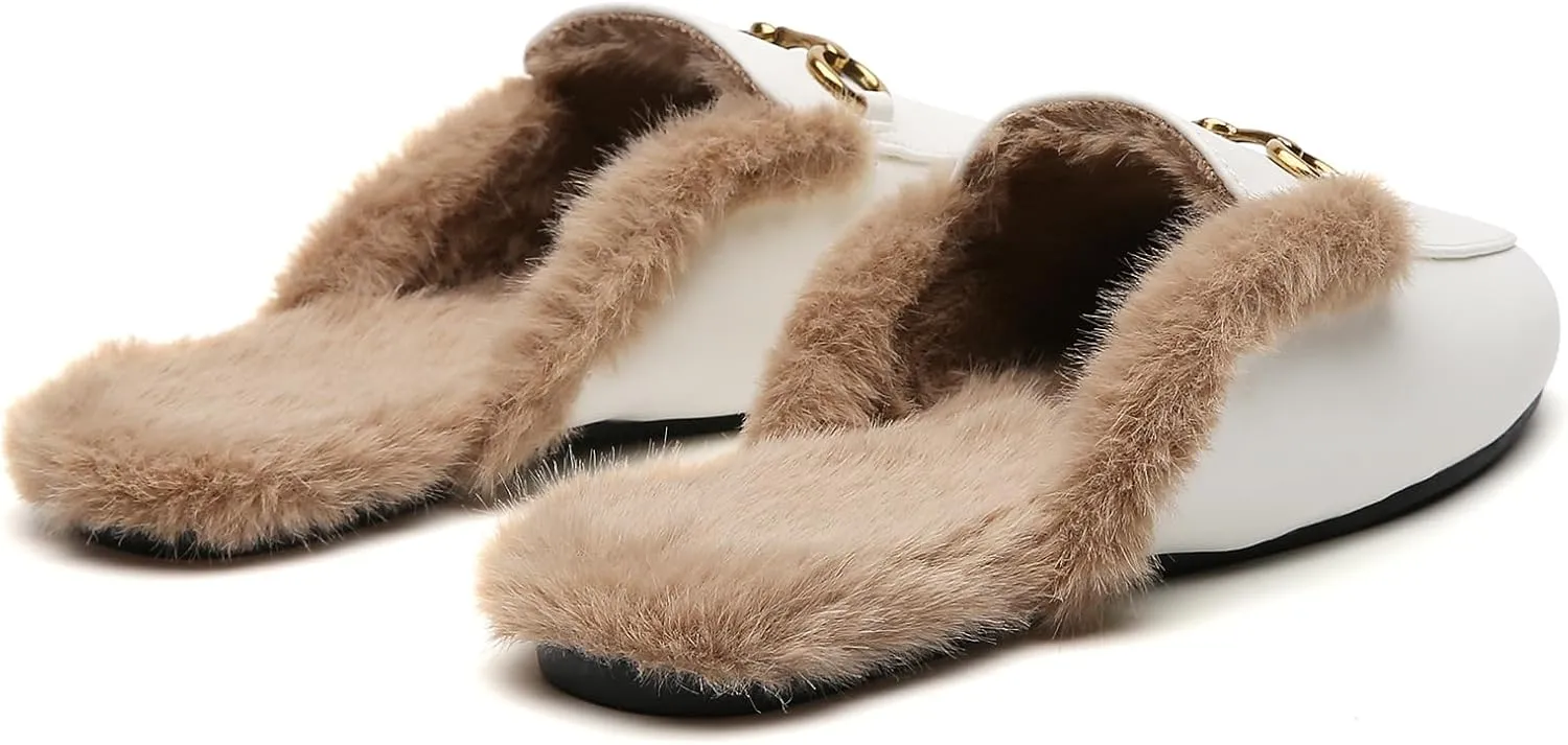 Minorsu Buckle Fur Mules for Women Slip on Loafers Closed Round Toe Backless Flat Mules Comfortable Slides Shoes