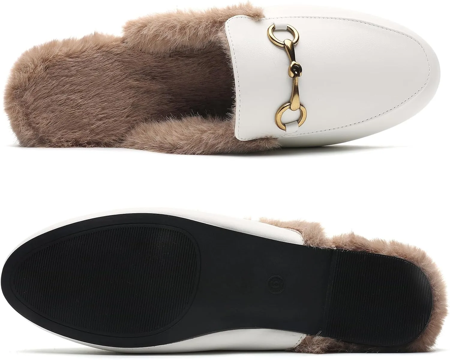 Minorsu Buckle Fur Mules for Women Slip on Loafers Closed Round Toe Backless Flat Mules Comfortable Slides Shoes