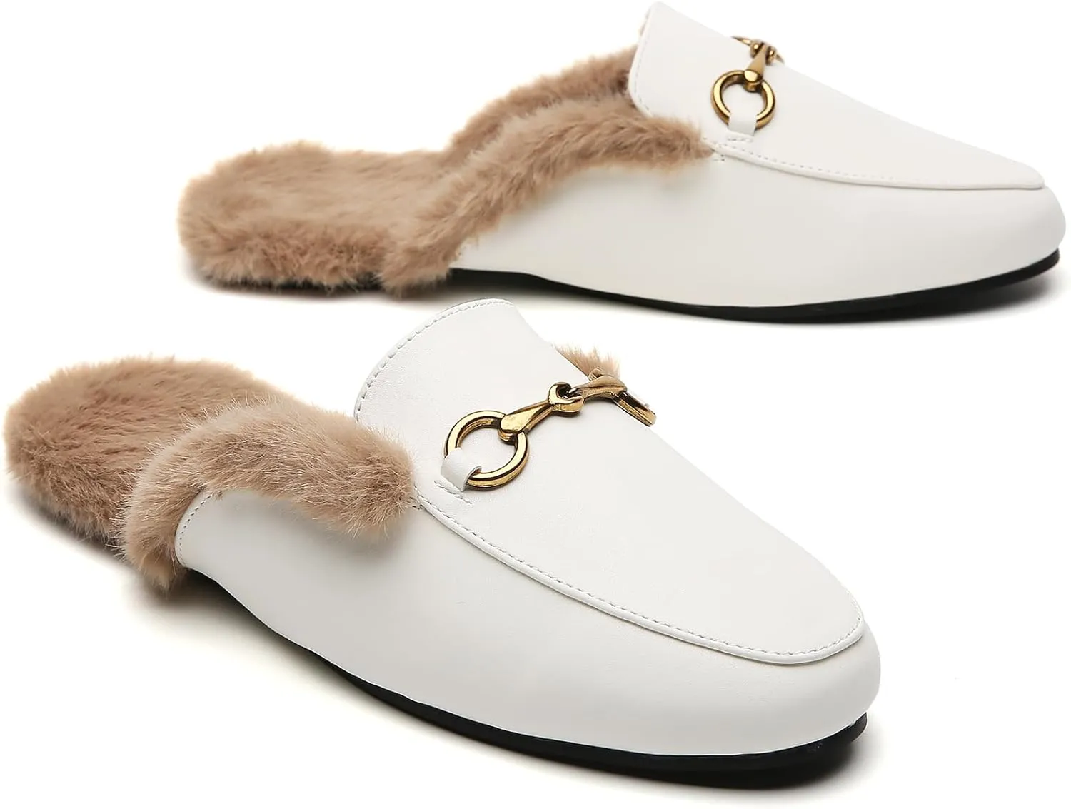 Minorsu Buckle Fur Mules for Women Slip on Loafers Closed Round Toe Backless Flat Mules Comfortable Slides Shoes