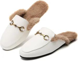 Minorsu Buckle Fur Mules for Women Slip on Loafers Closed Round Toe Backless Flat Mules Comfortable Slides Shoes