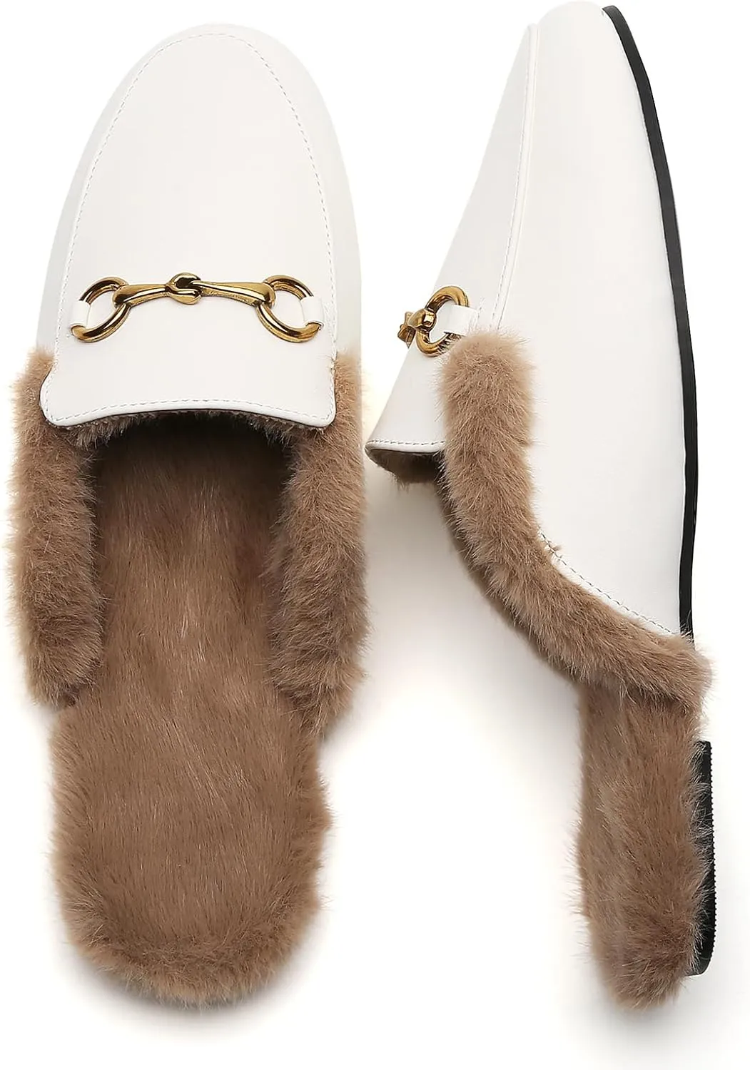 Minorsu Buckle Fur Mules for Women Slip on Loafers Closed Round Toe Backless Flat Mules Comfortable Slides Shoes