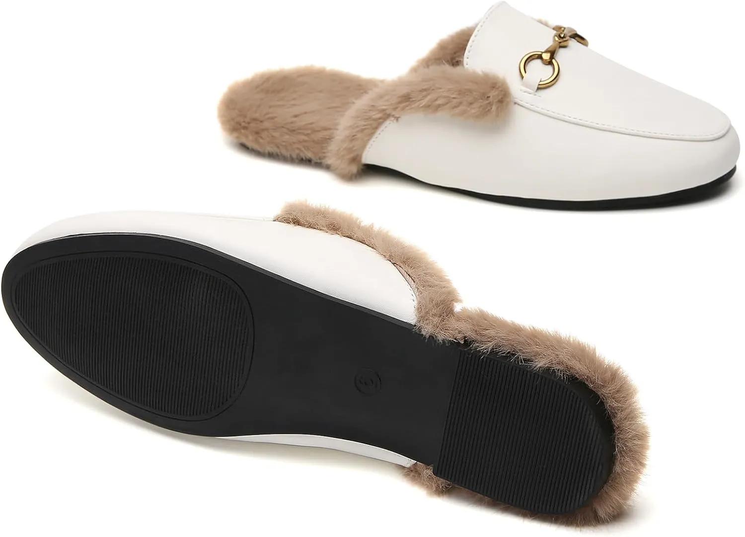 Minorsu Buckle Fur Mules for Women Slip on Loafers Closed Round Toe Backless Flat Mules Comfortable Slides Shoes