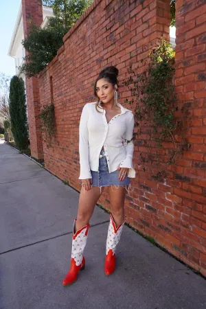 MissHeel Mini Bows Knee High Cowgirl Boots White Cowboy Boots for Women