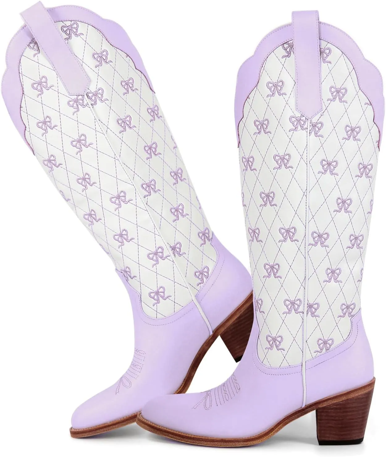 MissHeel Mini Bows Knee High Cowgirl Boots White Cowboy Boots for Women