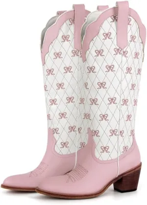 MissHeel Mini Bows Knee High Cowgirl Boots White Cowboy Boots for Women