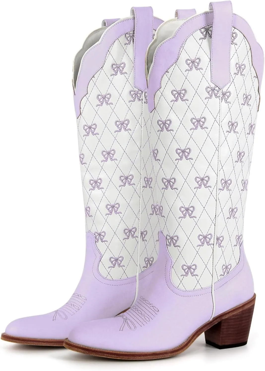 MissHeel Mini Bows Knee High Cowgirl Boots White Cowboy Boots for Women